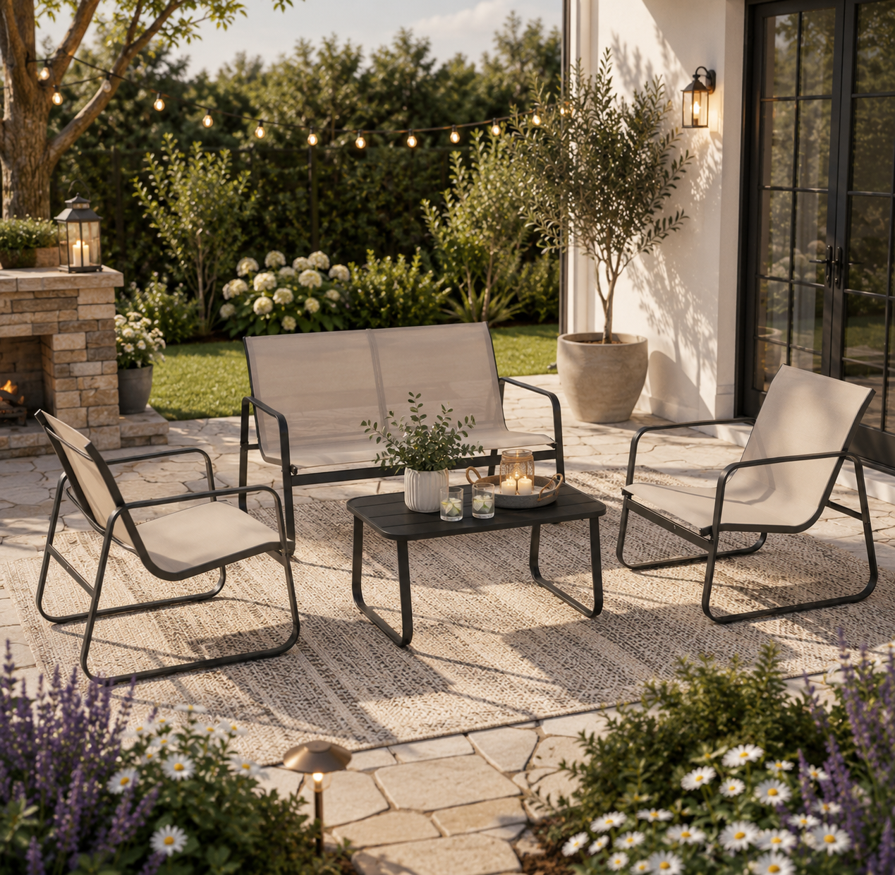 4-Piece Outdoor Textilene Patio Conversation Set with Loveseat & Coffee Table