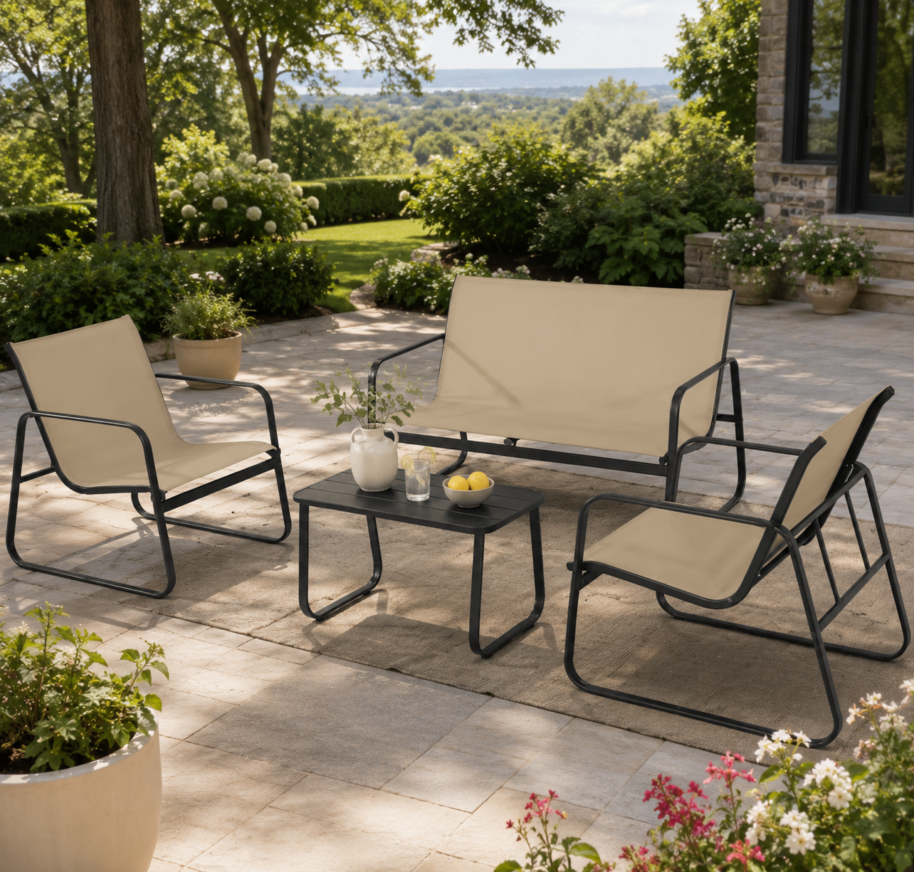 4-Piece Outdoor Textilene Patio Conversation Set with Loveseat & Coffee Table