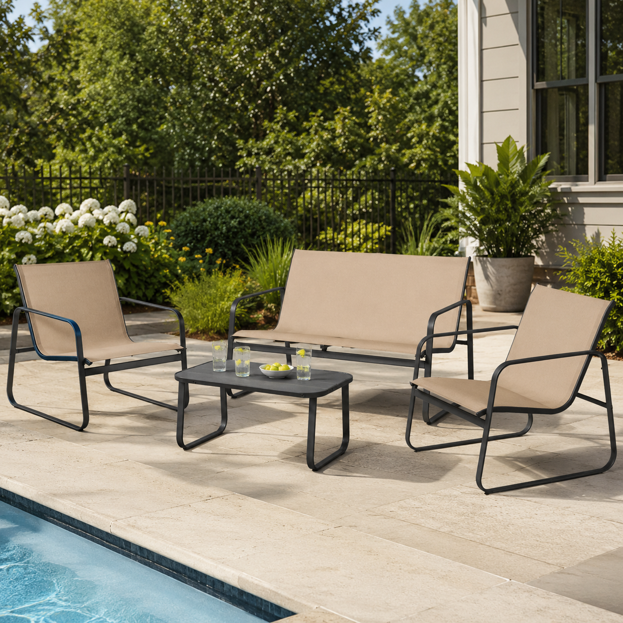 4-Piece Outdoor Textilene Patio Conversation Set with Loveseat & Coffee Table