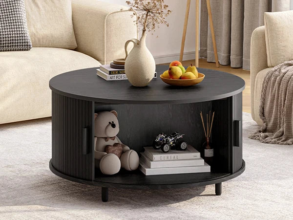 Modern 31.5″ Round Coffee Table with Hidden Storage - Fluted Wood Accent & 360° Curved Sliding Door