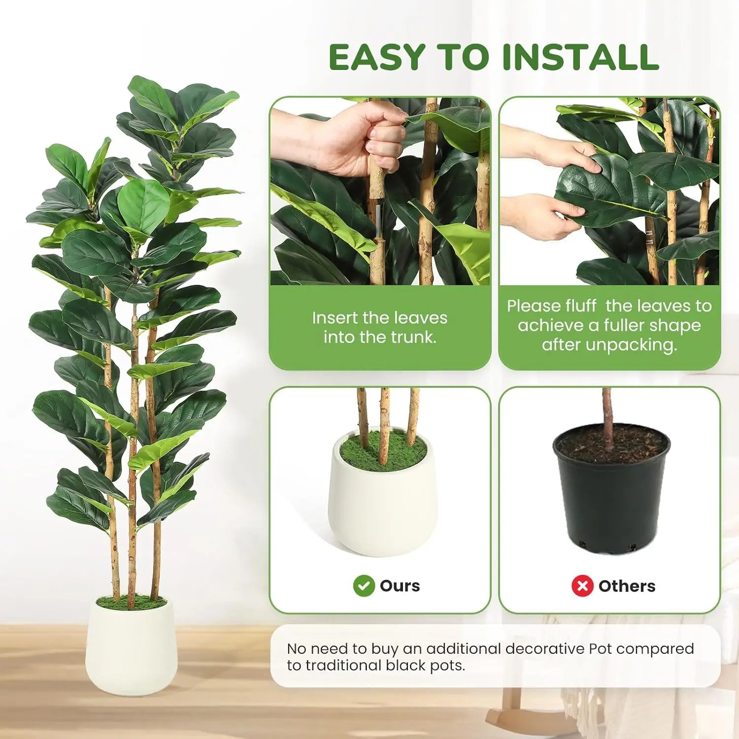 Artificial Fiddle Leaf Fig Tree Lifelike Faux Indoor Plant with Pot (5 Ft/6Ft/7Ft)