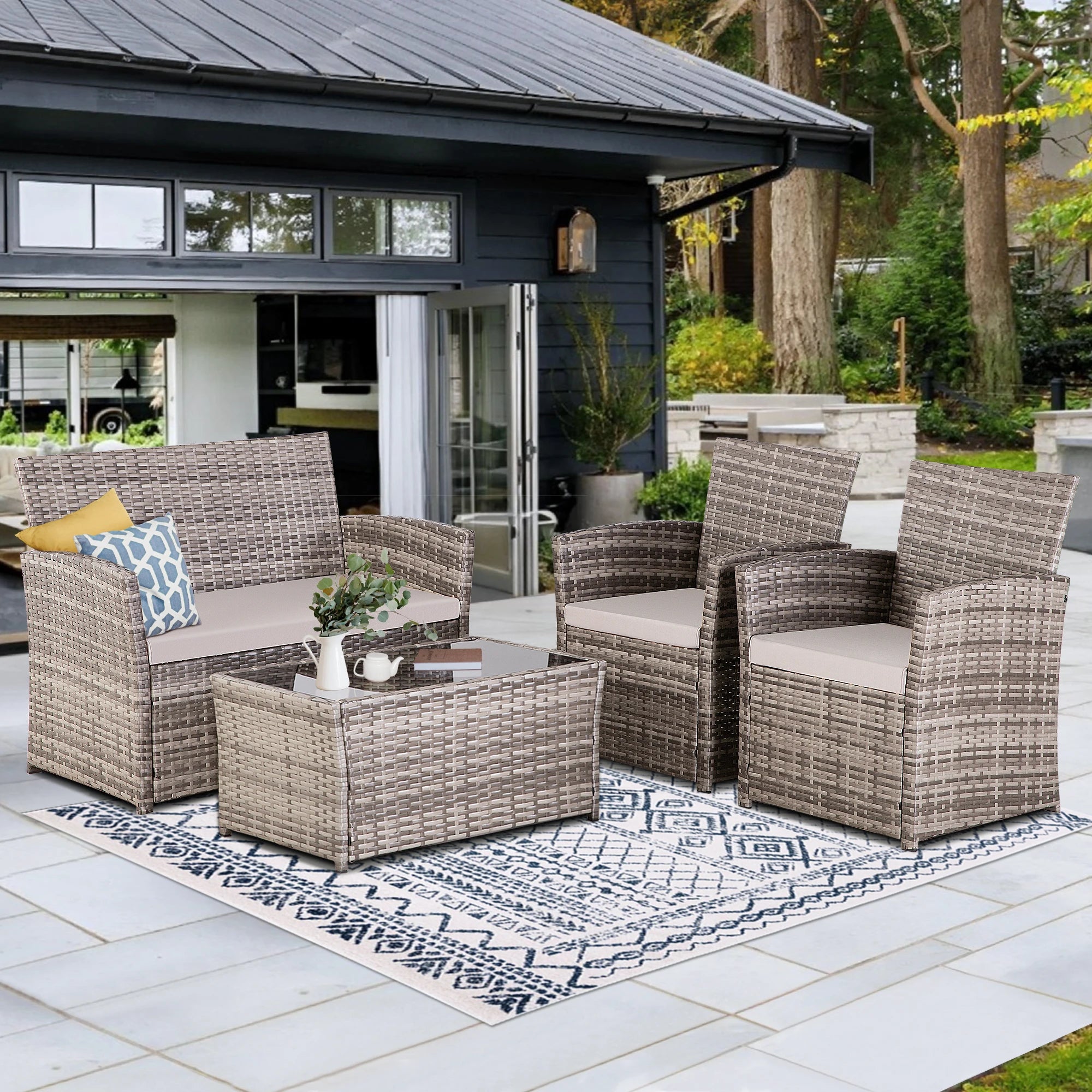 4-Piece Outdoor Wicker Patio Furniture Set – Rattan Sectional Sofa Conversation Set with Cushions & Coffee Table