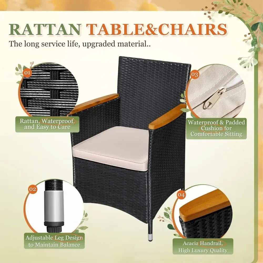 7-Piece Outdoor Patio Dining Set – Acacia Wood Table & 6 Rattan Dining Chairs with Cushions