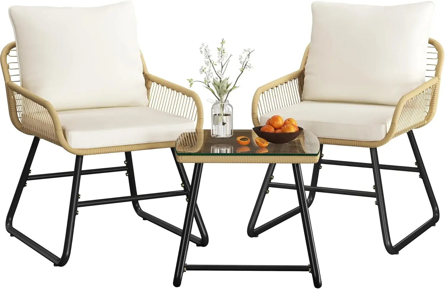 3-Piece Outdoor Wicker Bistro Set PE Rattan Patio Furniture with 2 Chairs & Tempered Glass Table