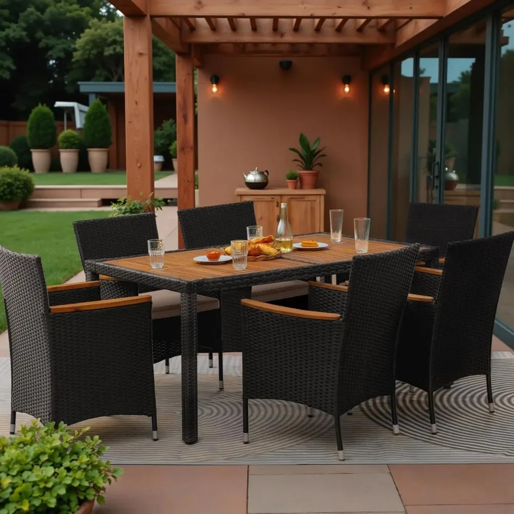 7-Piece Outdoor Patio Dining Set – Acacia Wood Table & 6 Rattan Dining Chairs with Cushions