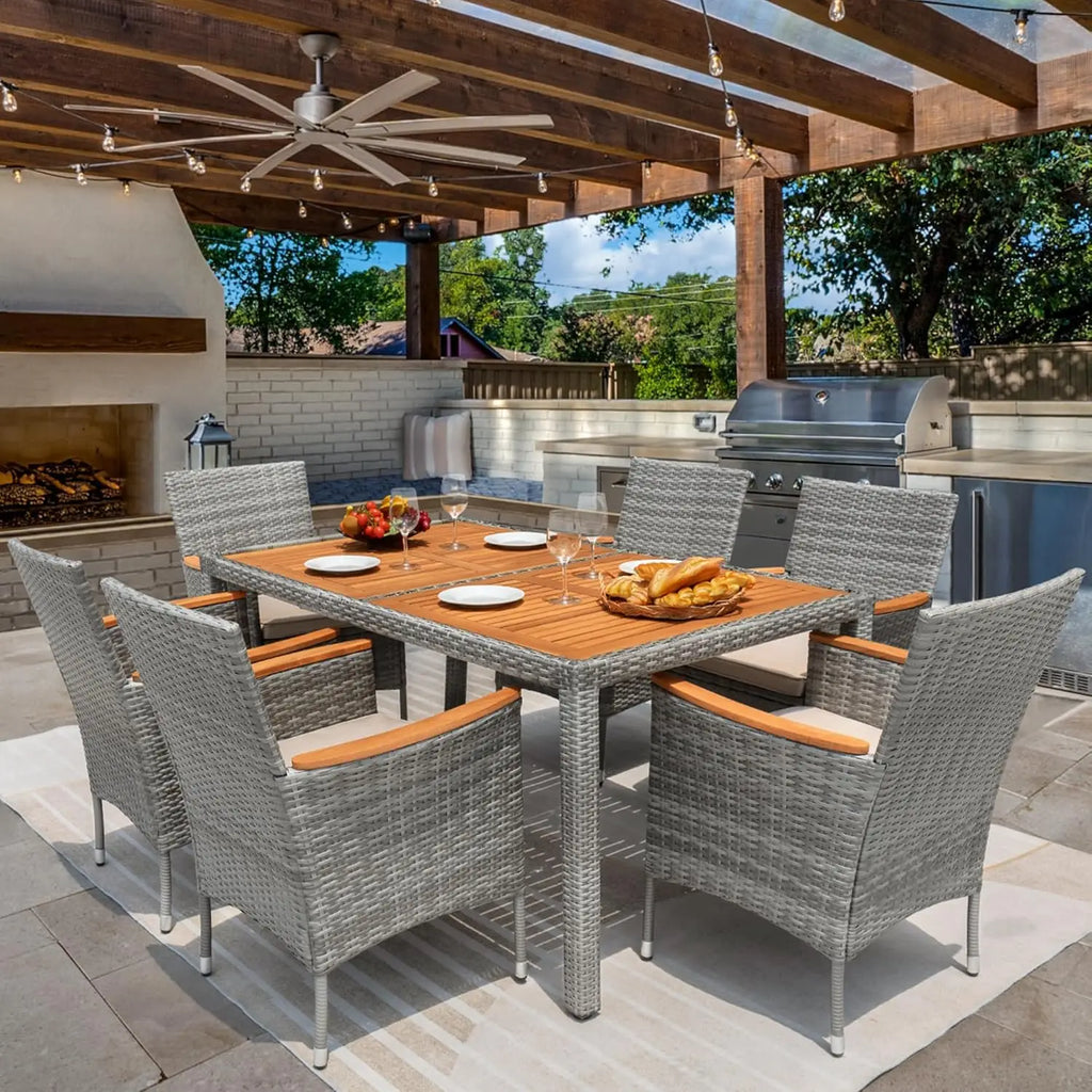 7-Piece Outdoor Patio Dining Set – Acacia Wood Table & 6 Rattan Dining Chairs with Cushions