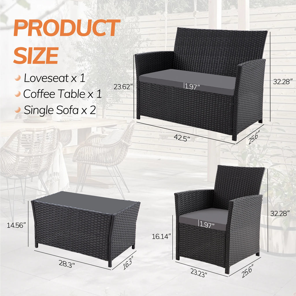 4-Piece Outdoor Wicker Patio Furniture Set – Rattan Sectional Sofa Conversation Set with Cushions & Coffee Table