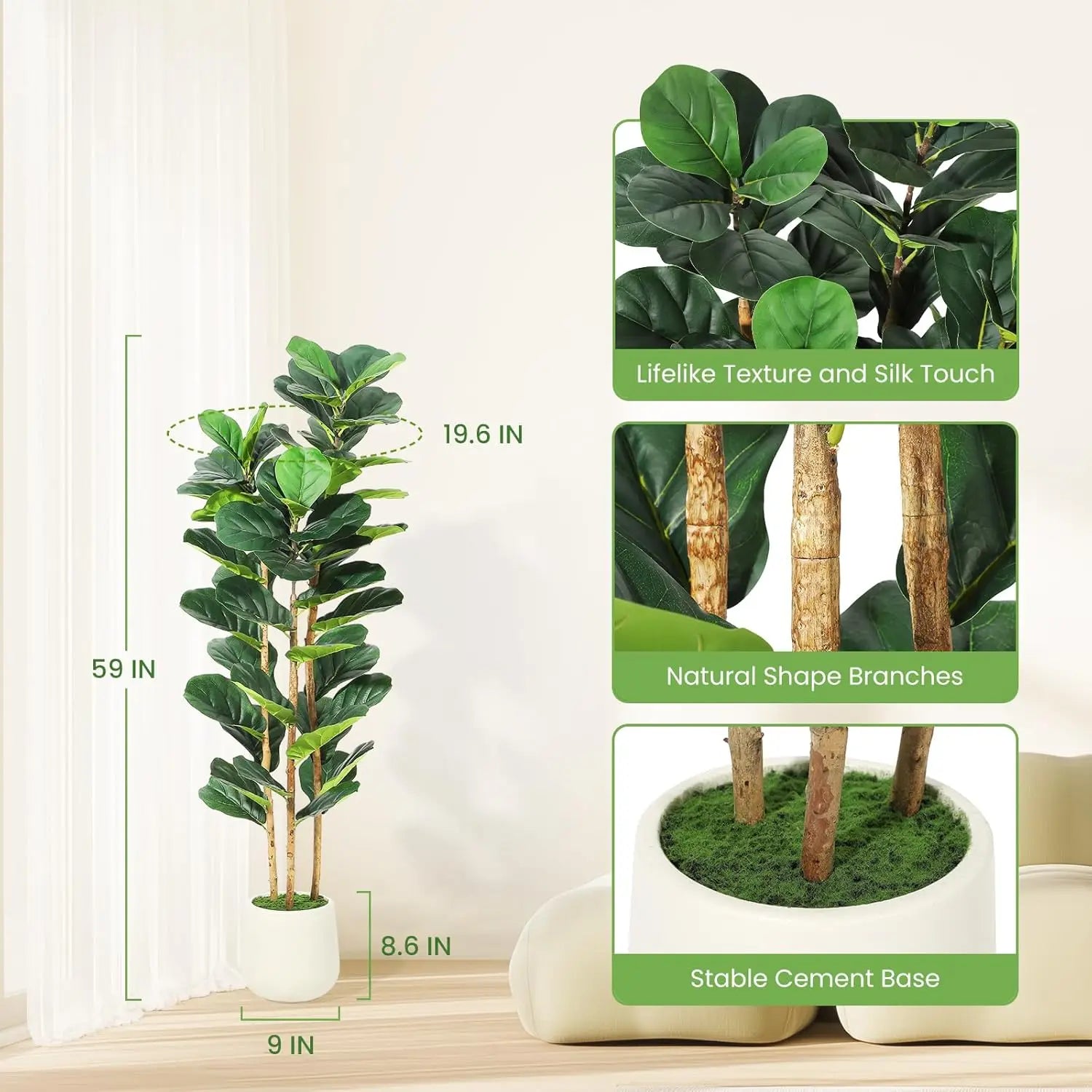 Artificial Fiddle Leaf Fig Tree Lifelike Faux Indoor Plant with Pot (5 Ft/6Ft/7Ft)