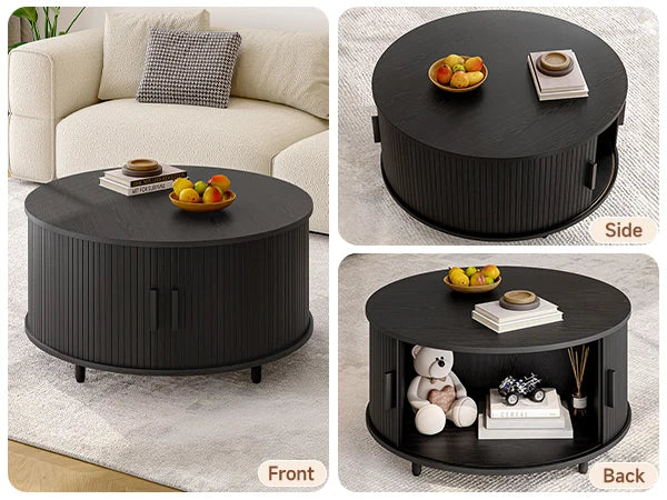 Modern 31.5″ Round Coffee Table with Hidden Storage - Fluted Wood Accent & 360° Curved Sliding Door