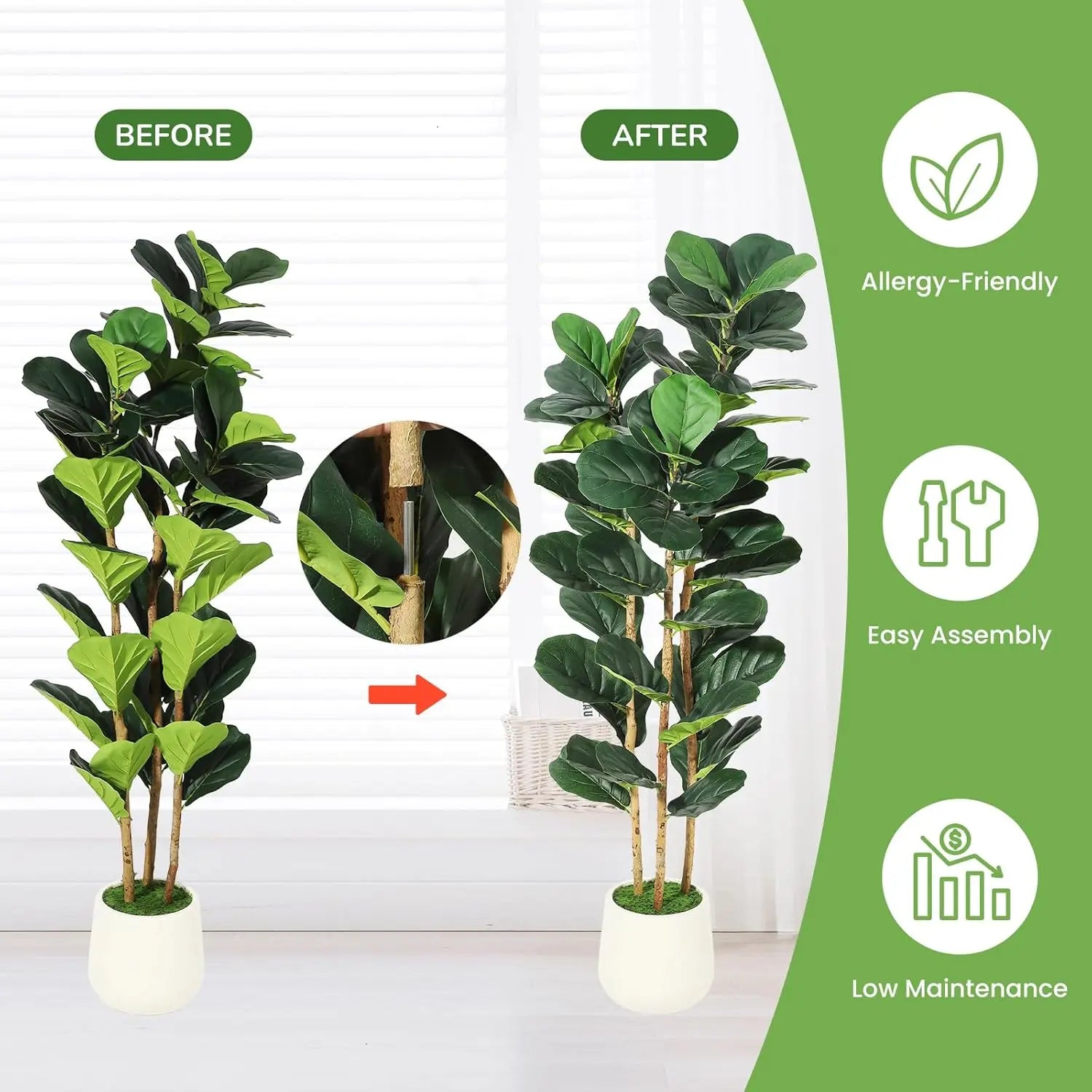 Artificial Fiddle Leaf Fig Tree Lifelike Faux Indoor Plant with Pot (5 Ft/6Ft/7Ft)