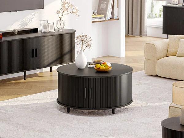 Modern 31.5″ Round Coffee Table with Hidden Storage - Fluted Wood Accent & 360° Curved Sliding Door