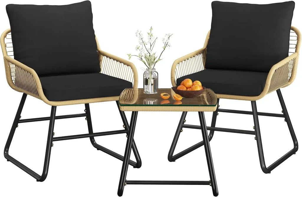 3-Piece Outdoor Wicker Bistro Set PE Rattan Patio Furniture with 2 Chairs & Tempered Glass Table