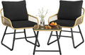 3-Piece Outdoor Wicker Bistro Set PE Rattan Patio Furniture with 2 Chairs & Tempered Glass Table