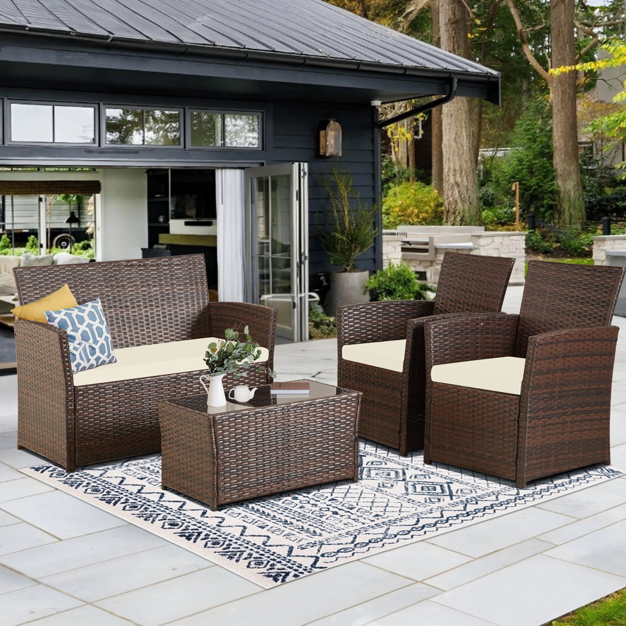 4-Piece Outdoor Wicker Patio Furniture Set – Rattan Sectional Sofa Conversation Set with Cushions & Coffee Table