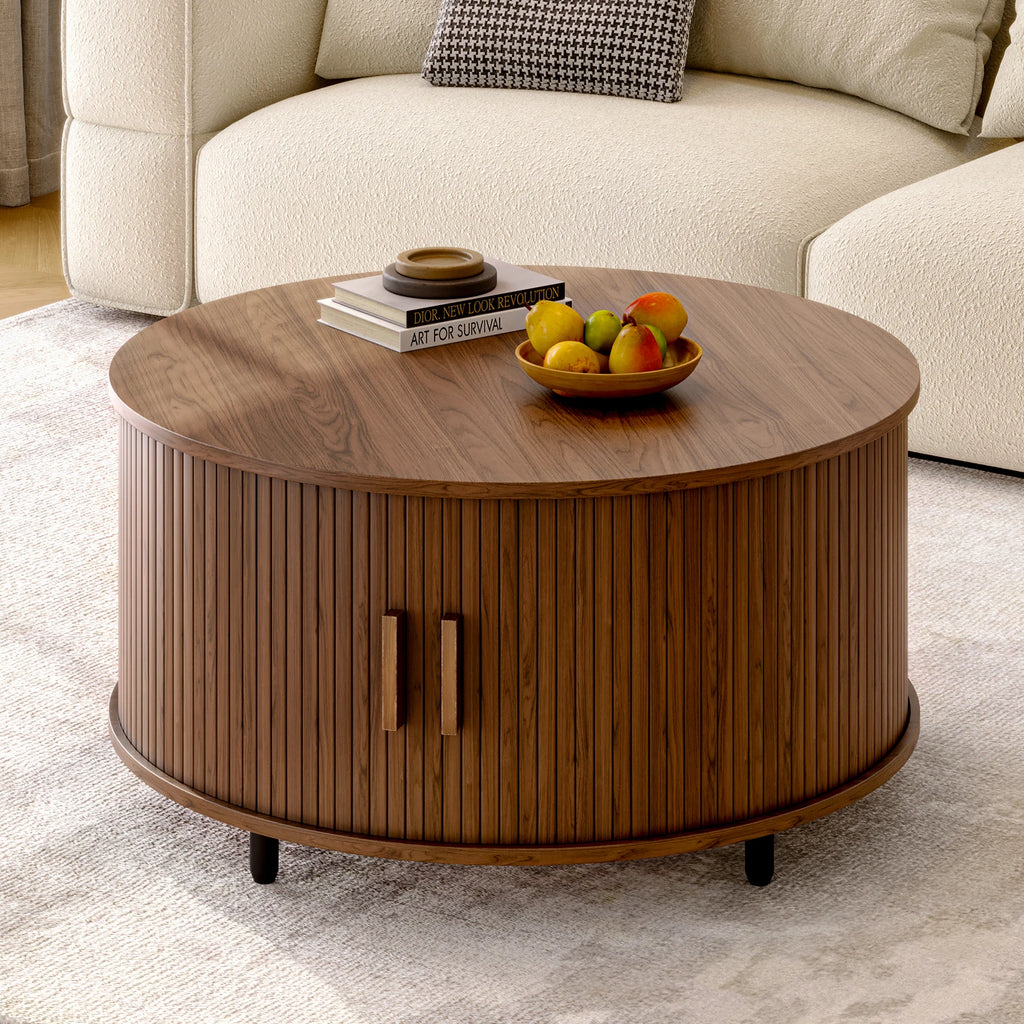 Modern 31.5″ Round Coffee Table with Hidden Storage - Fluted Wood Accent & 360° Curved Sliding Door