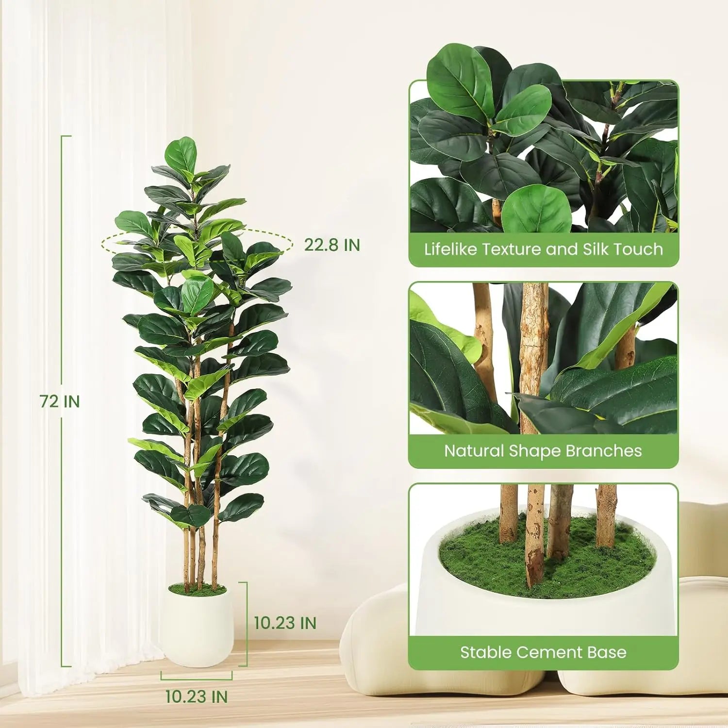Artificial Fiddle Leaf Fig Tree Lifelike Faux Indoor Plant with Pot (5 Ft/6Ft/7Ft)