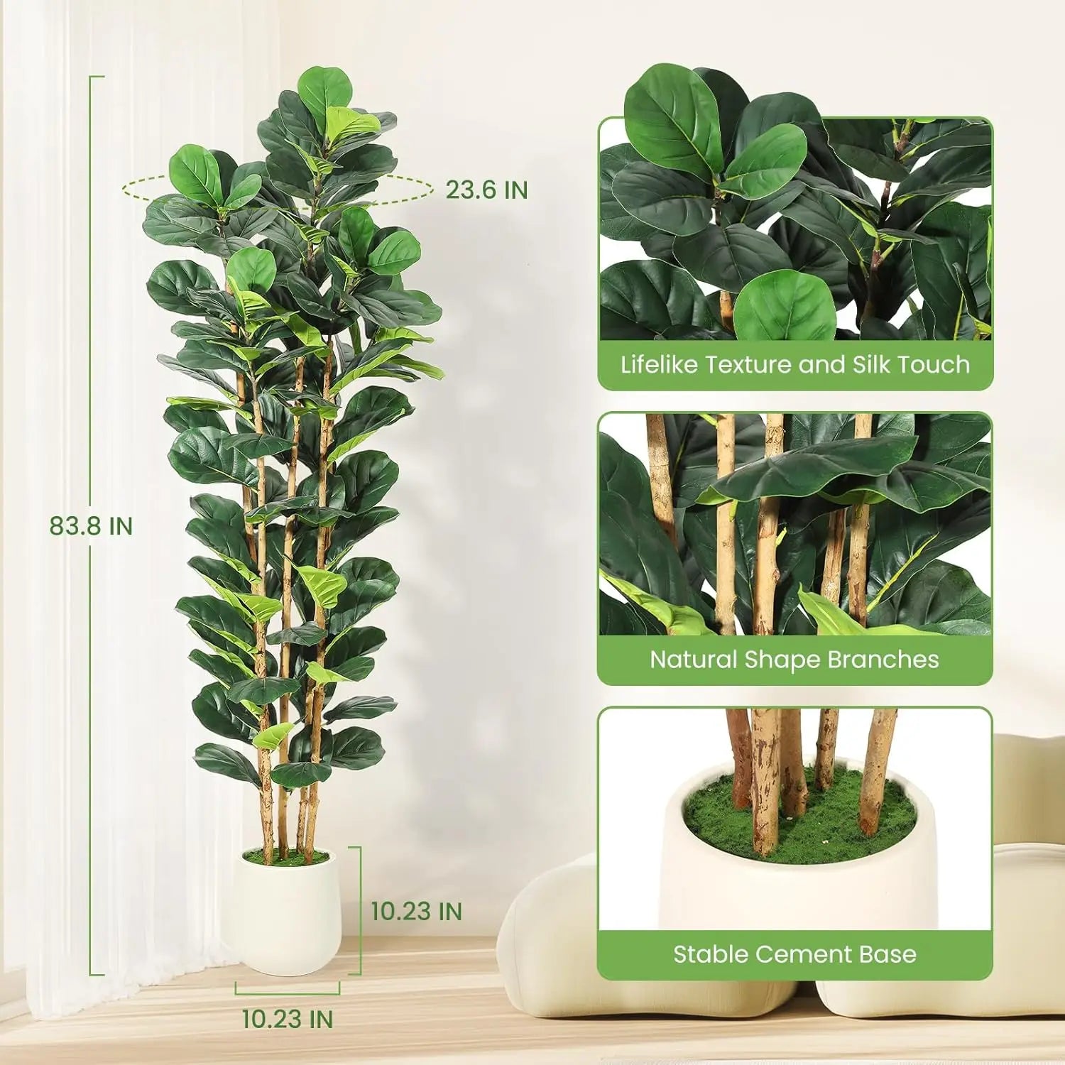 Artificial Fiddle Leaf Fig Tree Lifelike Faux Indoor Plant with Pot (5 Ft/6Ft/7Ft)