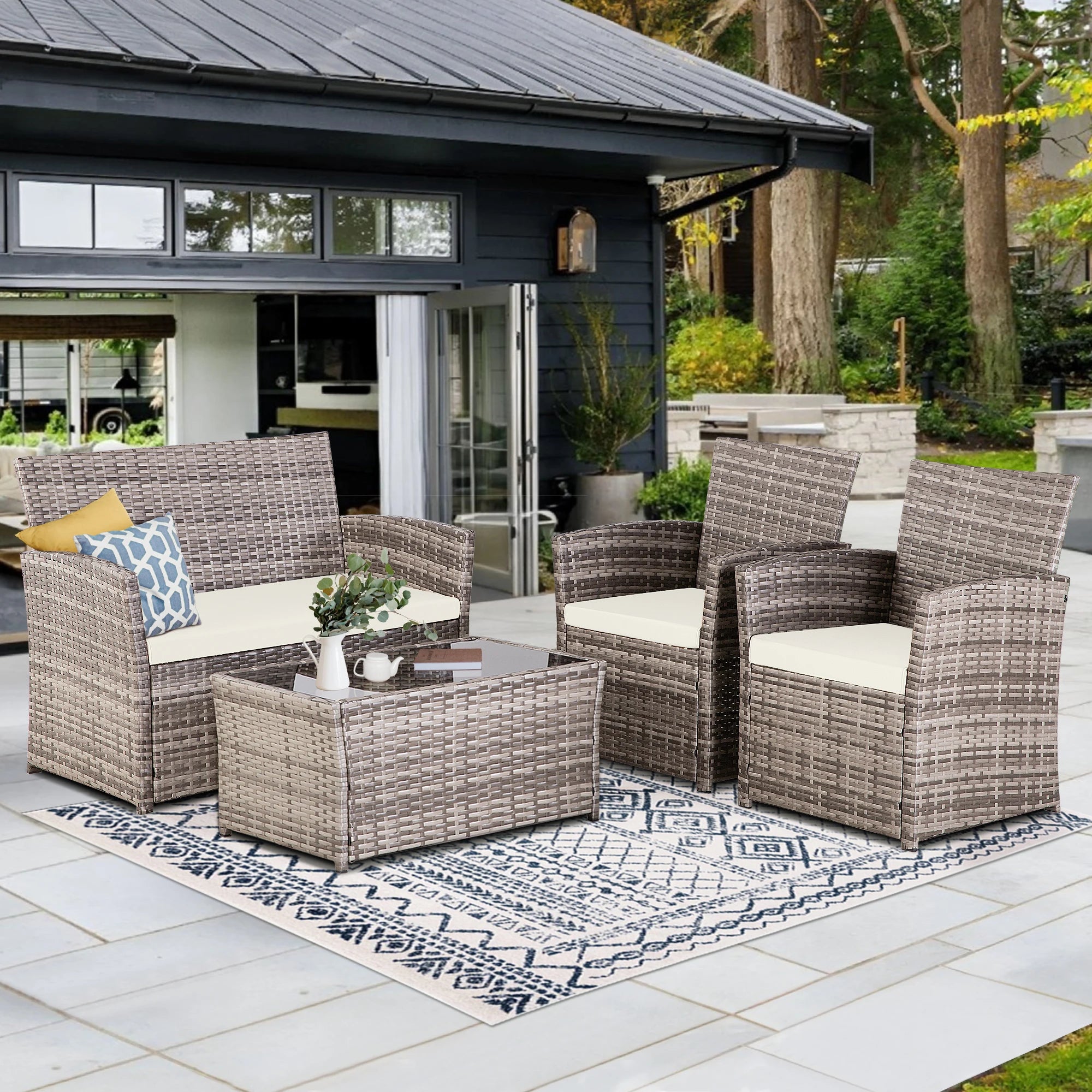 4-Piece Outdoor Wicker Patio Furniture Set – Rattan Sectional Sofa Conversation Set with Cushions & Coffee Table