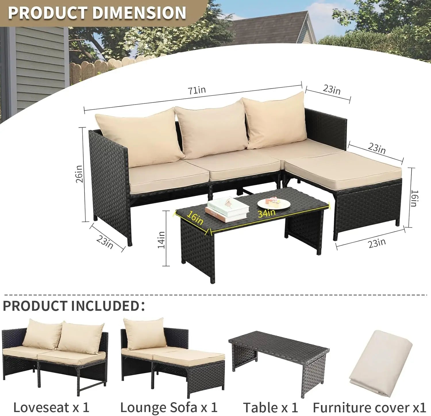 3-Piece Outdoor PE Rattan Furniture Set Black Wicker Conversation Loveseat & Sectional Sofa with Khaki Cushions