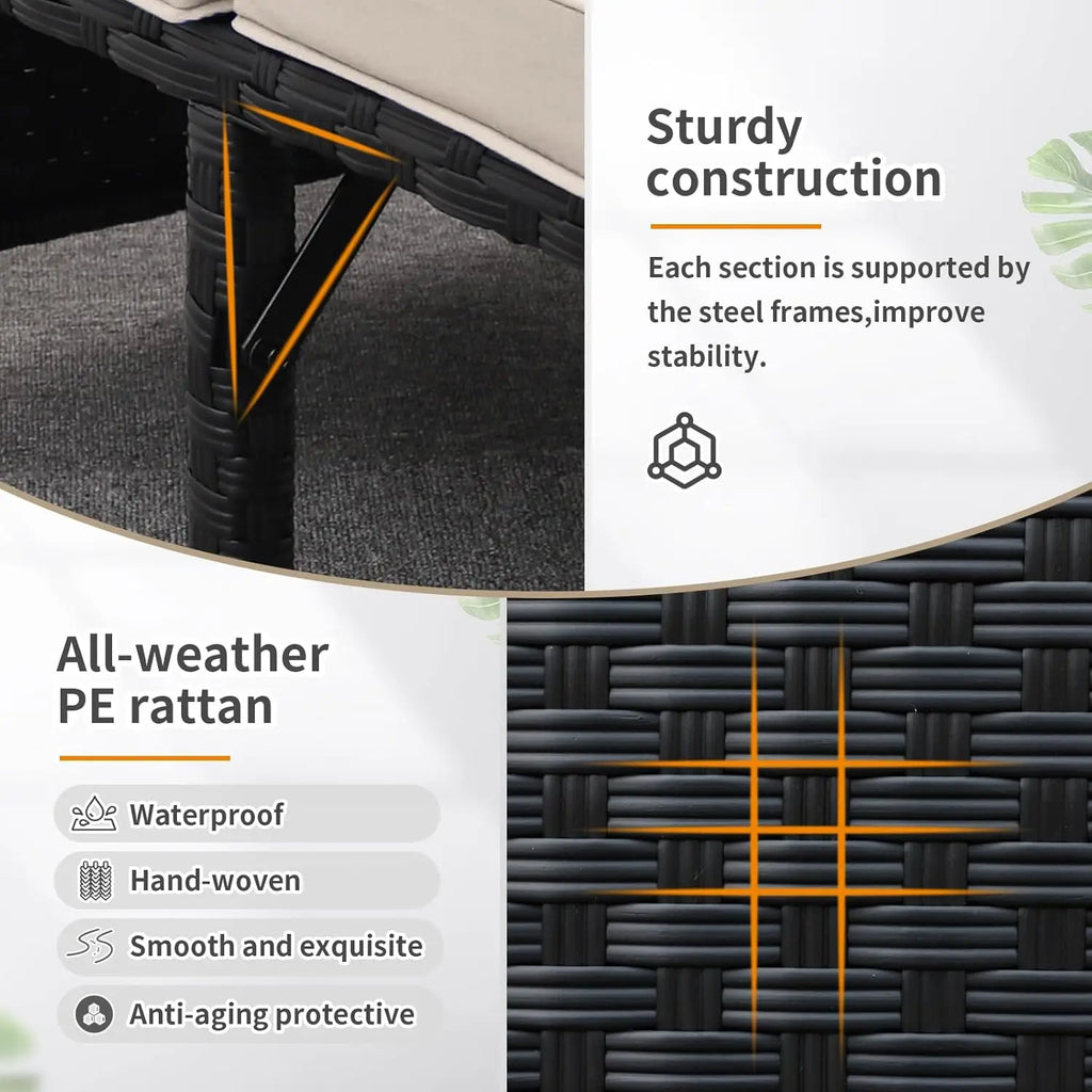 3-Piece Outdoor PE Rattan Furniture Set Black Wicker Conversation Loveseat & Sectional Sofa with Khaki Cushions