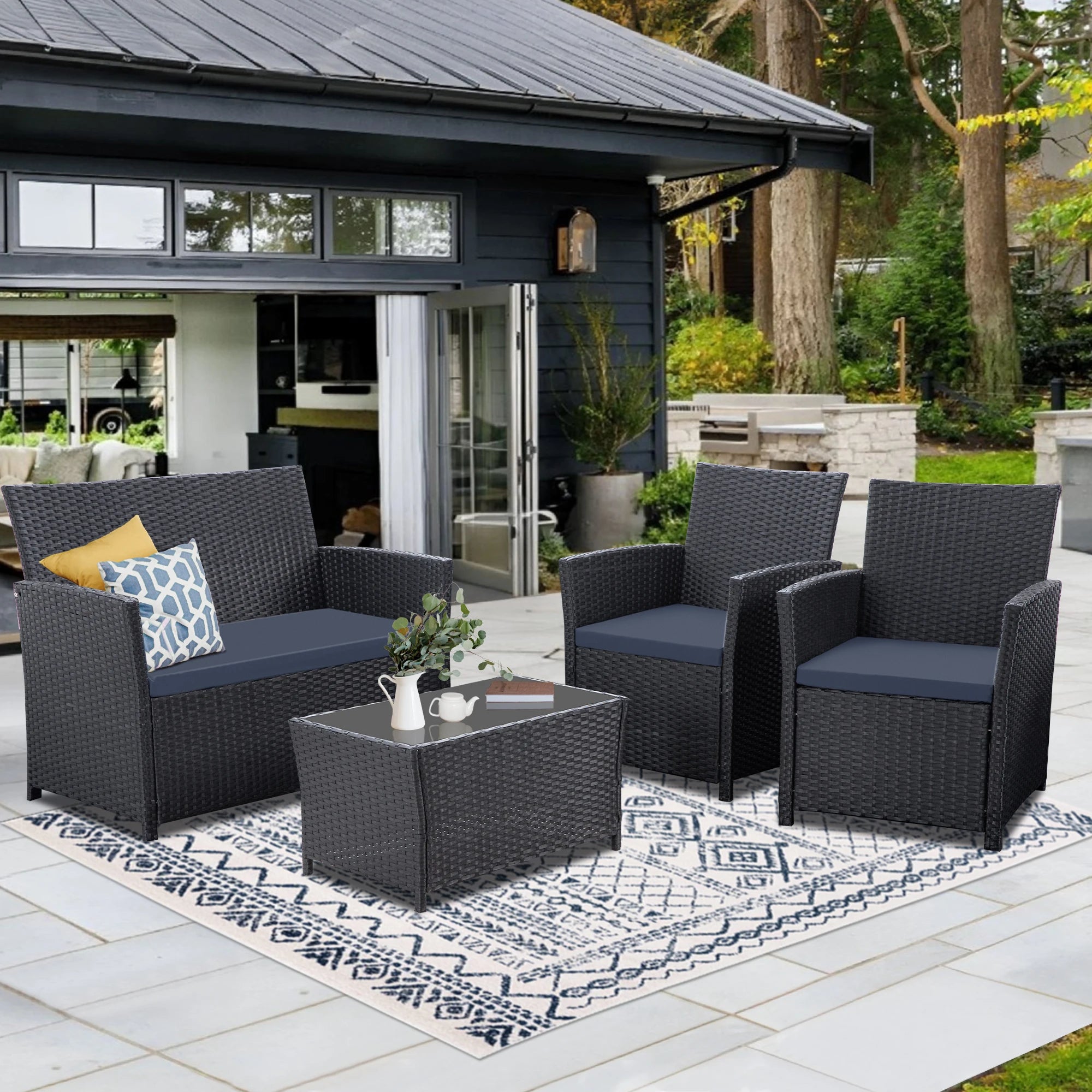 4-Piece Outdoor Wicker Patio Furniture Set – Rattan Sectional Sofa Conversation Set with Cushions & Coffee Table