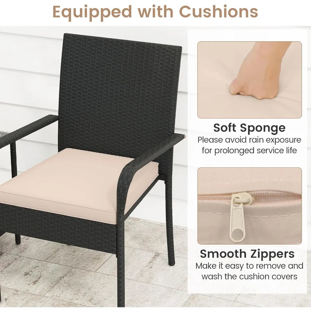 3-Piece Outdoor Patio Furniture Set PE Rattan Cushioned Conversation Chairs & 2-Tier Tempered Glass Table