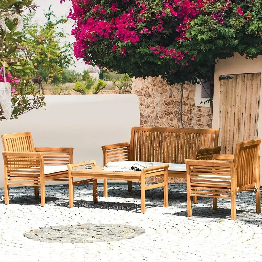 4-Piece Outdoor Acacia Wood Sofa Set Patio Conversation Set with Water Resistant Cushions & Coffee Table