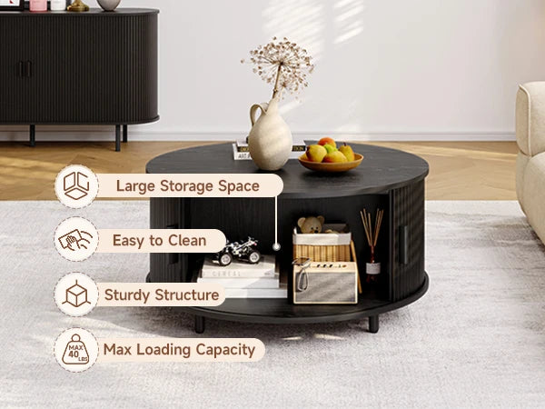 Modern 31.5″ Round Coffee Table with Hidden Storage - Fluted Wood Accent & 360° Curved Sliding Door