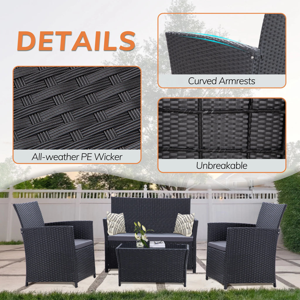4-Piece Outdoor Wicker Patio Furniture Set – Rattan Sectional Sofa Conversation Set with Cushions & Coffee Table