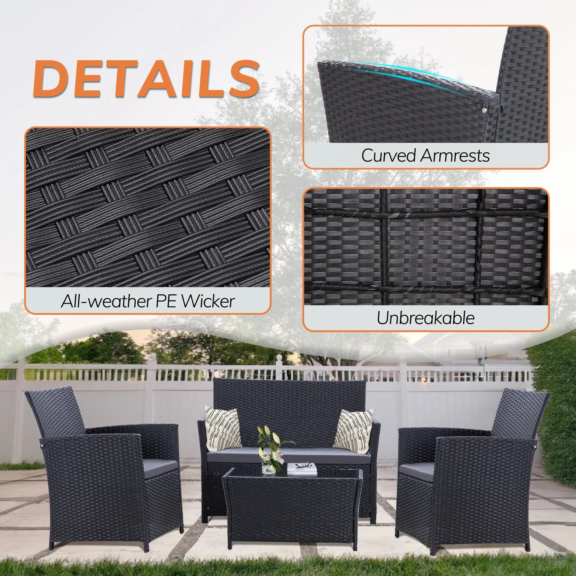 4-Piece Outdoor Wicker Patio Furniture Set – Rattan Sectional Sofa Conversation Set with Cushions & Coffee Table