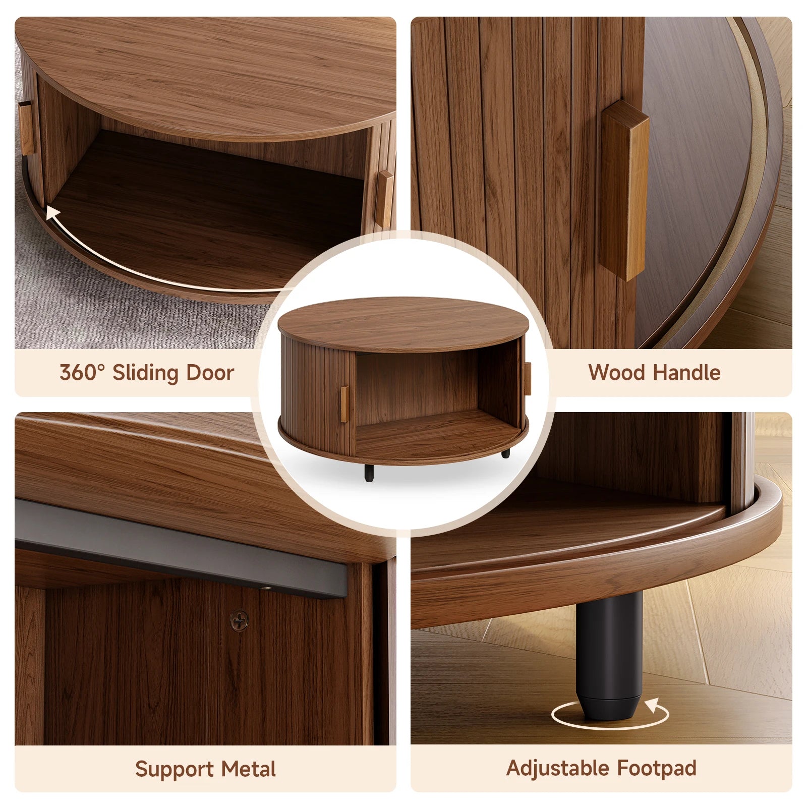 Modern 31.5″ Round Coffee Table with Hidden Storage - Fluted Wood Accent & 360° Curved Sliding Door