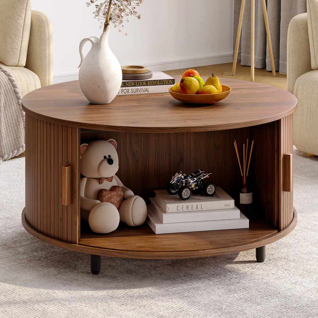 Modern 31.5″ Round Coffee Table with Hidden Storage - Fluted Wood Accent & 360° Curved Sliding Door