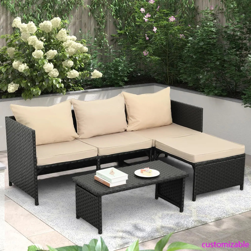 3-Piece Outdoor PE Rattan Furniture Set Black Wicker Conversation Loveseat & Sectional Sofa with Khaki Cushions