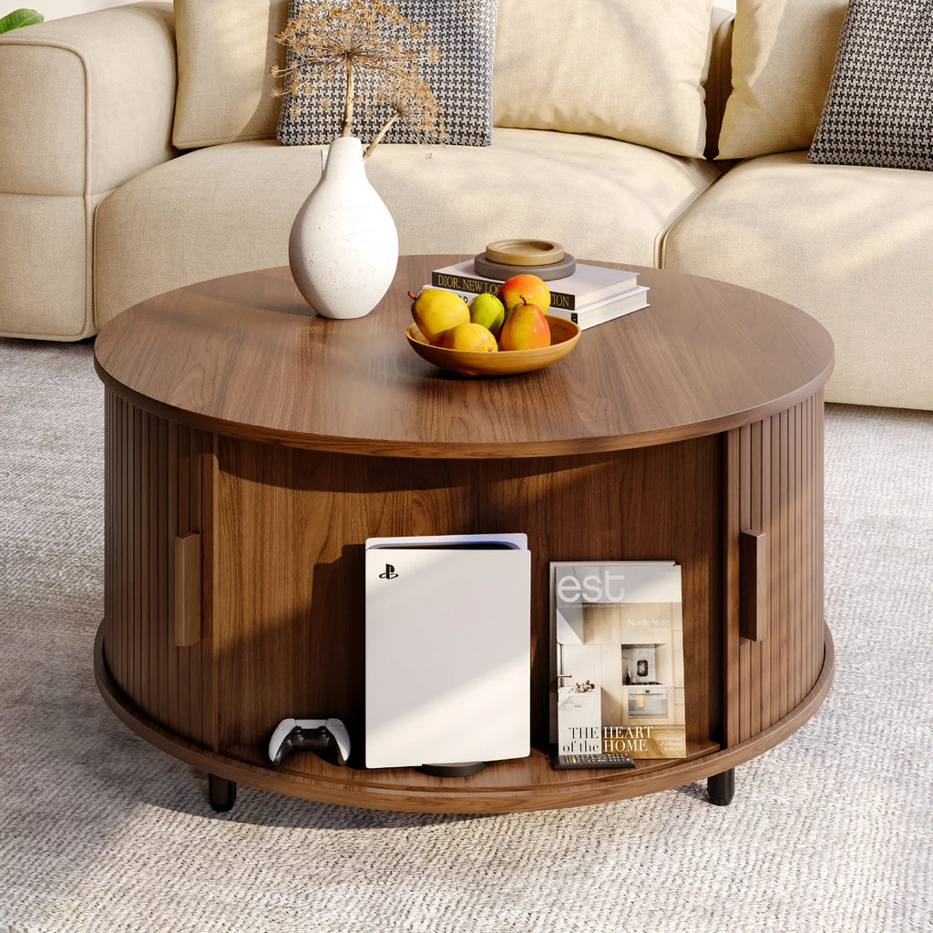 Modern 31.5″ Round Coffee Table with Hidden Storage - Fluted Wood Accent & 360° Curved Sliding Door