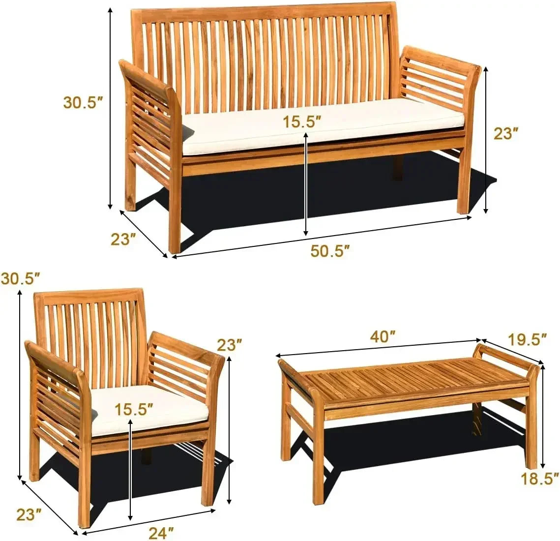 4-Piece Outdoor Acacia Wood Sofa Set Patio Conversation Set with Water Resistant Cushions & Coffee Table