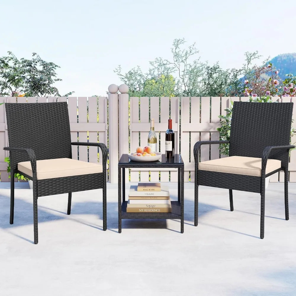 3-Piece Outdoor Patio Furniture Set PE Rattan Cushioned Conversation Chairs & 2-Tier Tempered Glass Table