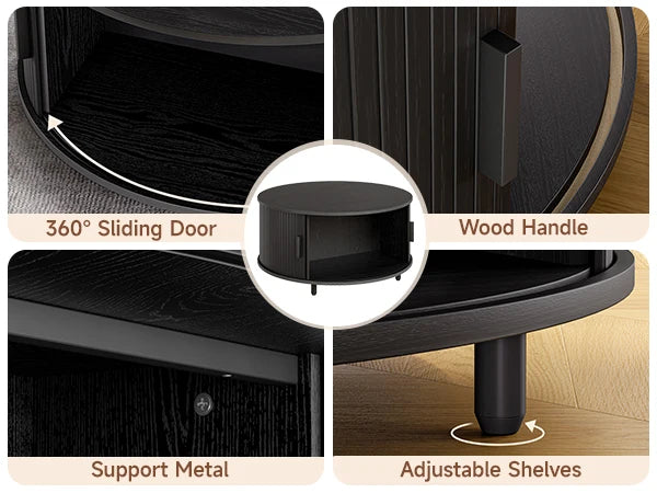 Modern 31.5″ Round Coffee Table with Hidden Storage - Fluted Wood Accent & 360° Curved Sliding Door