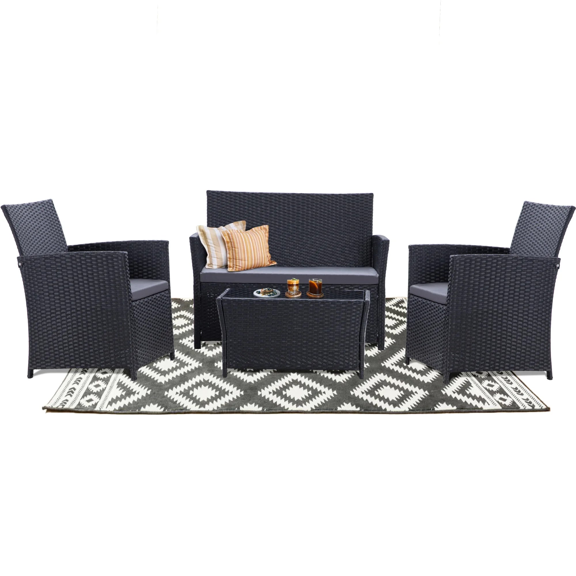 4-Piece Outdoor Wicker Patio Furniture Set – Rattan Sectional Sofa Conversation Set with Cushions & Coffee Table