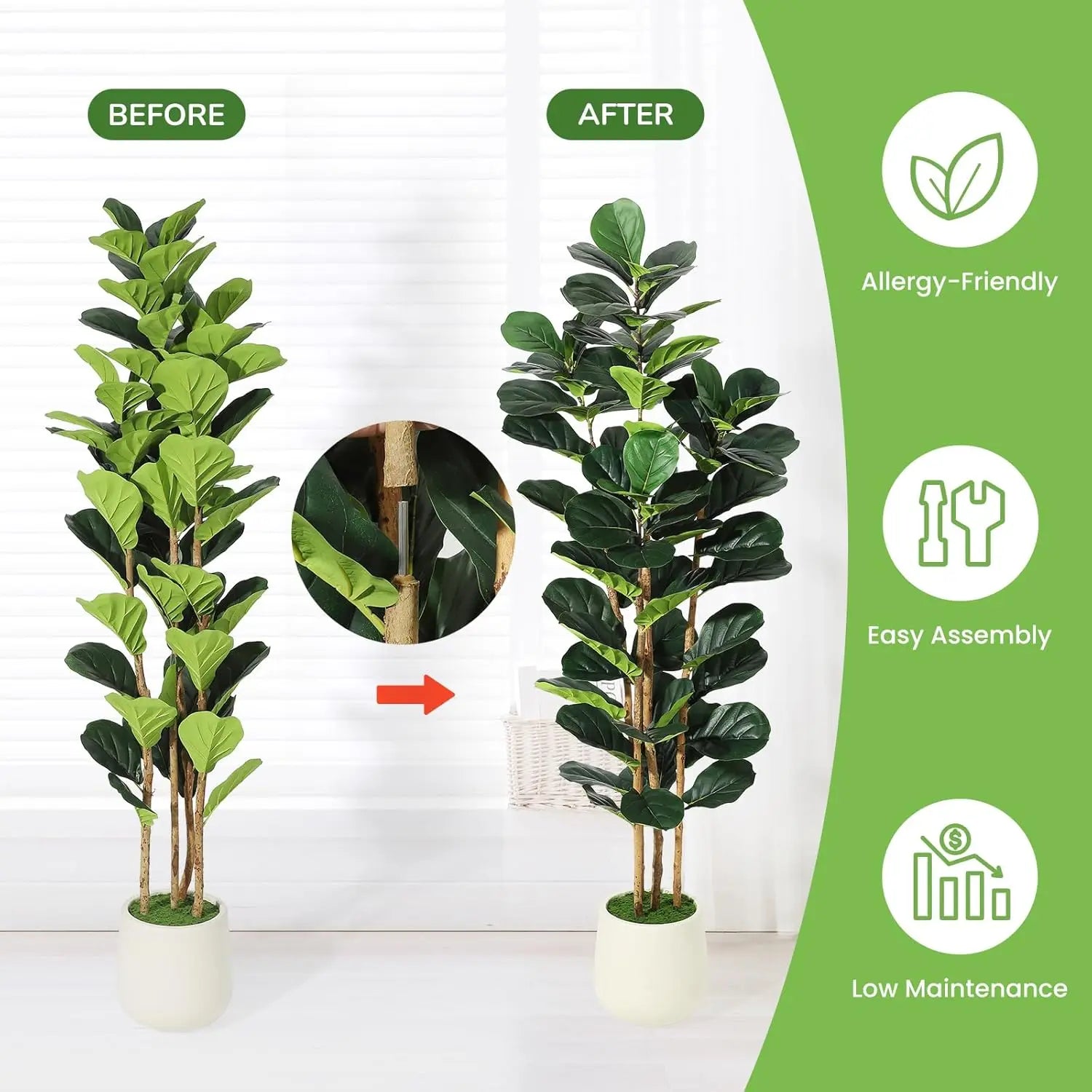 Artificial Fiddle Leaf Fig Tree Lifelike Faux Indoor Plant with Pot (5 Ft/6Ft/7Ft)