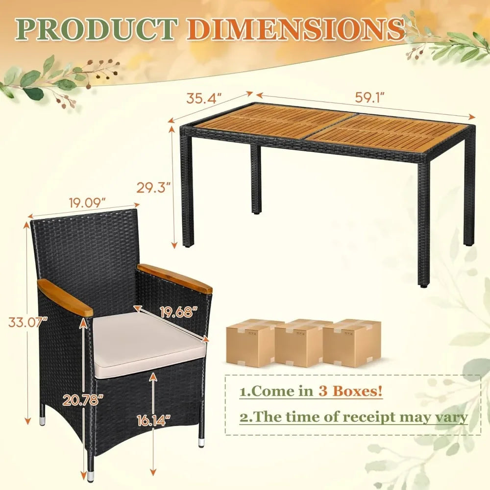 7-Piece Outdoor Patio Dining Set – Acacia Wood Table & 6 Rattan Dining Chairs with Cushions