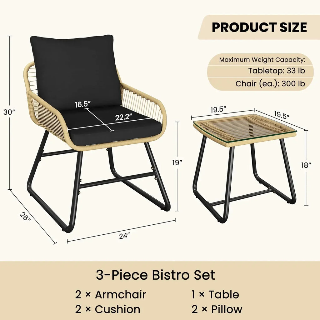 3-Piece Outdoor Wicker Bistro Set PE Rattan Patio Furniture with 2 Chairs & Tempered Glass Table