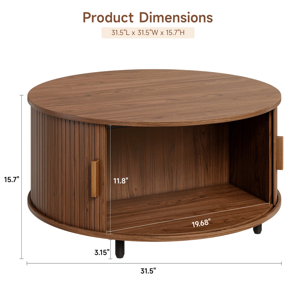 Modern 31.5″ Round Coffee Table with Hidden Storage - Fluted Wood Accent & 360° Curved Sliding Door