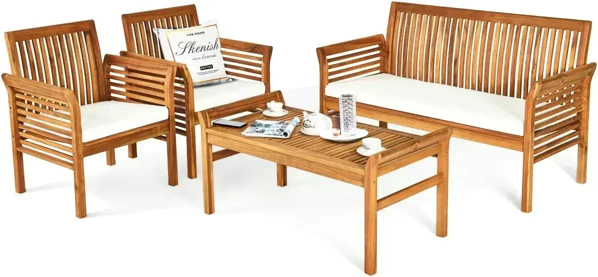 4-Piece Outdoor Acacia Wood Sofa Set Patio Conversation Set with Water Resistant Cushions & Coffee Table