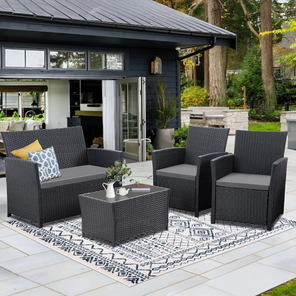 4-Piece Outdoor Wicker Patio Furniture Set – Rattan Sectional Sofa Conversation Set with Cushions & Coffee Table