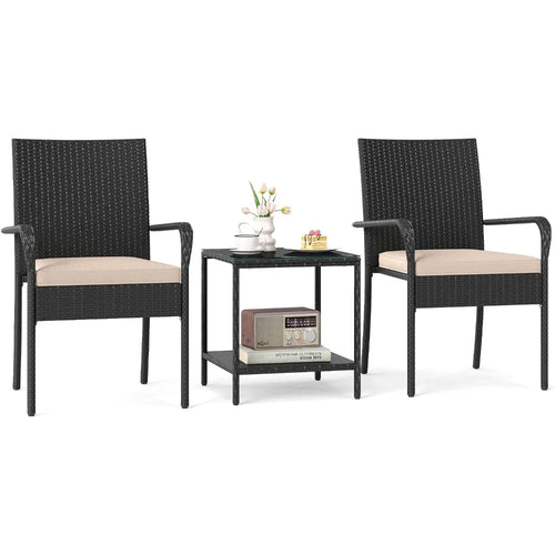 3-Piece Outdoor Patio Furniture Set PE Rattan Cushioned Conversation Chairs & 2-Tier Tempered Glass Table