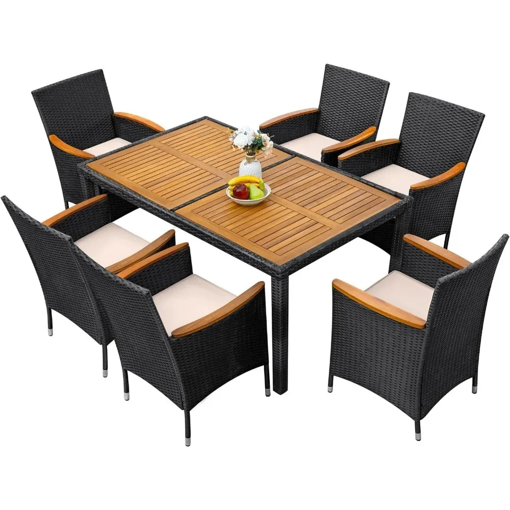 7-Piece Outdoor Patio Dining Set – Acacia Wood Table & 6 Rattan Dining Chairs with Cushions