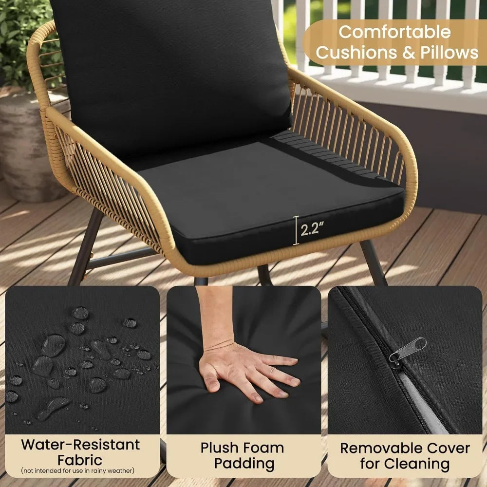 3-Piece Outdoor Wicker Bistro Set PE Rattan Patio Furniture with 2 Chairs & Tempered Glass Table