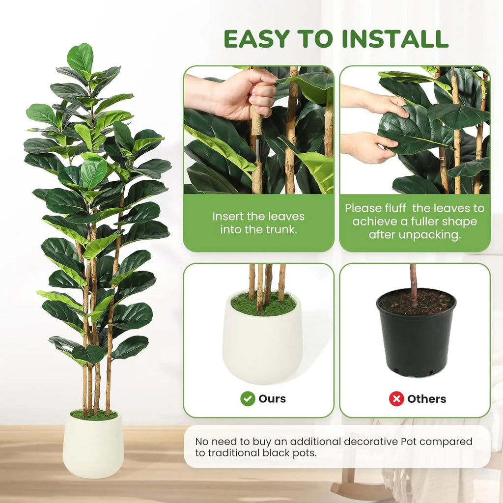 Artificial Fiddle Leaf Fig Tree Lifelike Faux Indoor Plant with Pot (5 Ft/6Ft/7Ft)