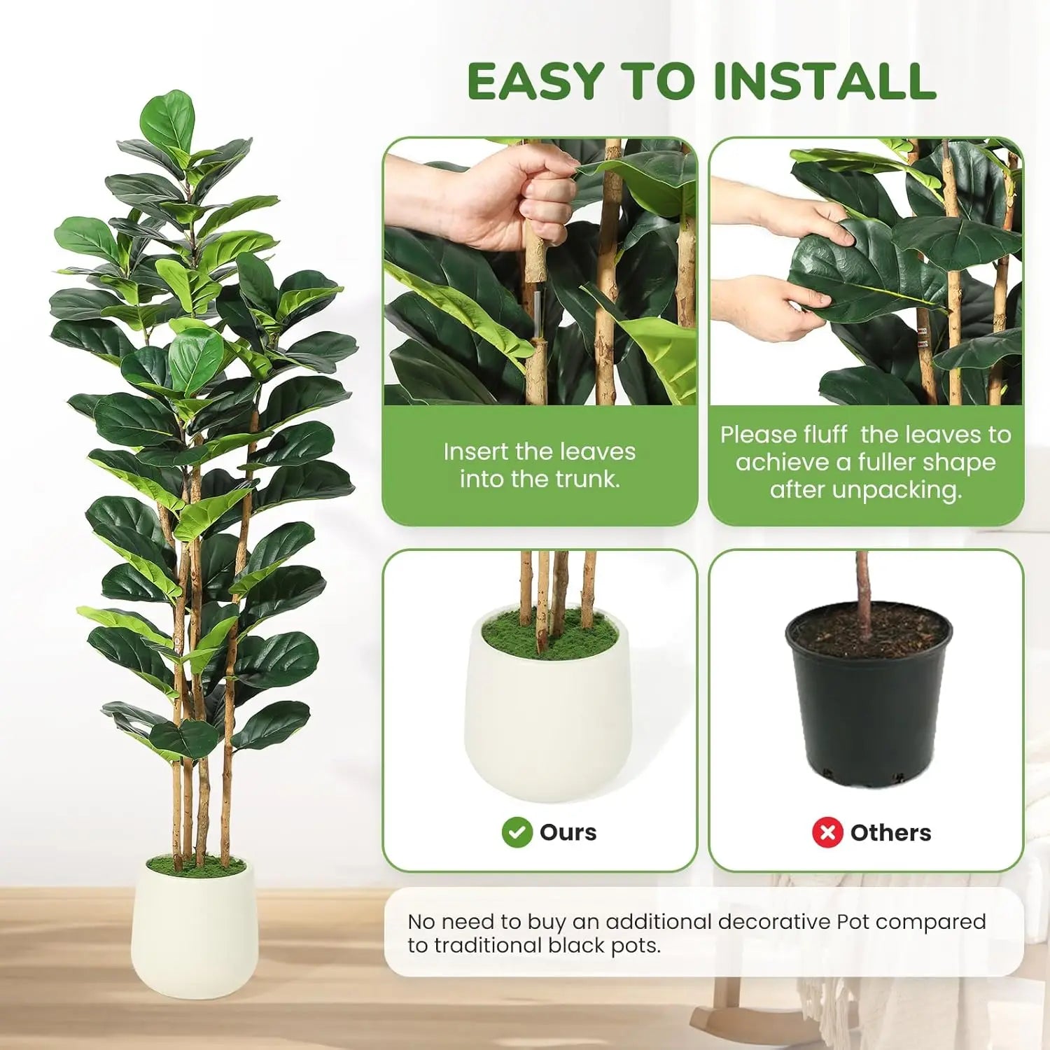 Artificial Fiddle Leaf Fig Tree Lifelike Faux Indoor Plant with Pot (5 Ft/6Ft/7Ft)