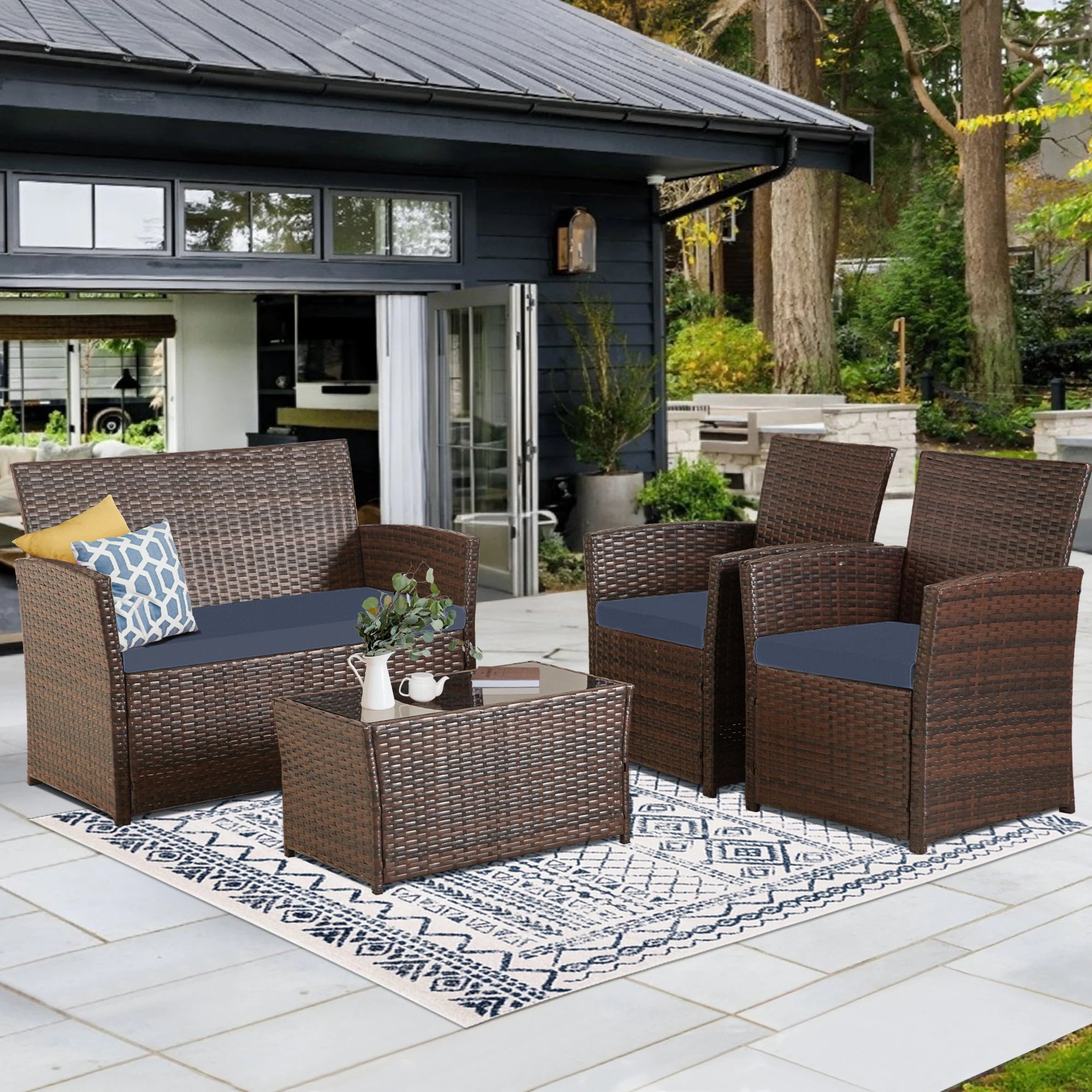 4-Piece Outdoor Wicker Patio Furniture Set – Rattan Sectional Sofa Conversation Set with Cushions & Coffee Table